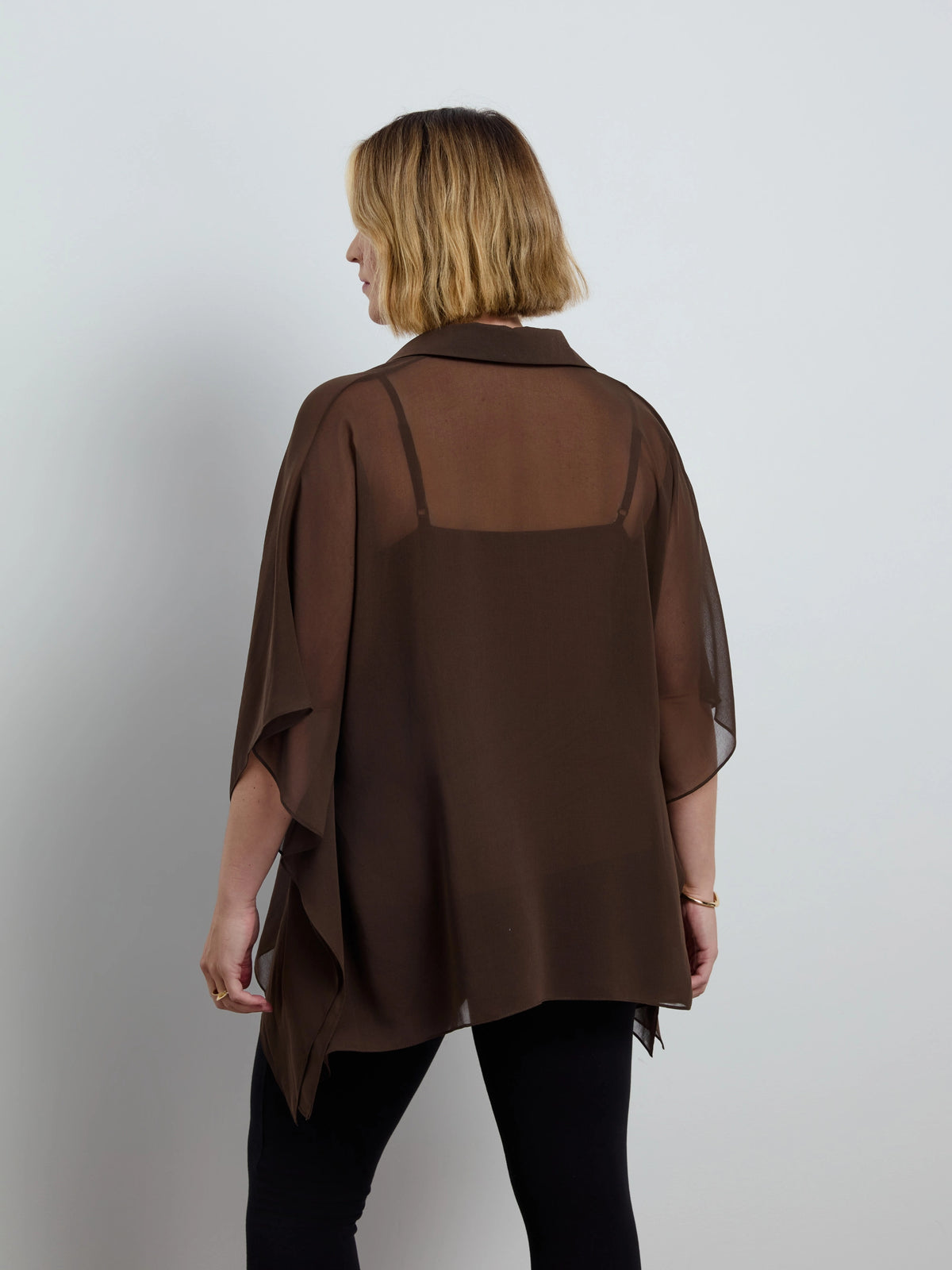 Brown Sheer Chiffon Batwing Shirt With Detachable Cami