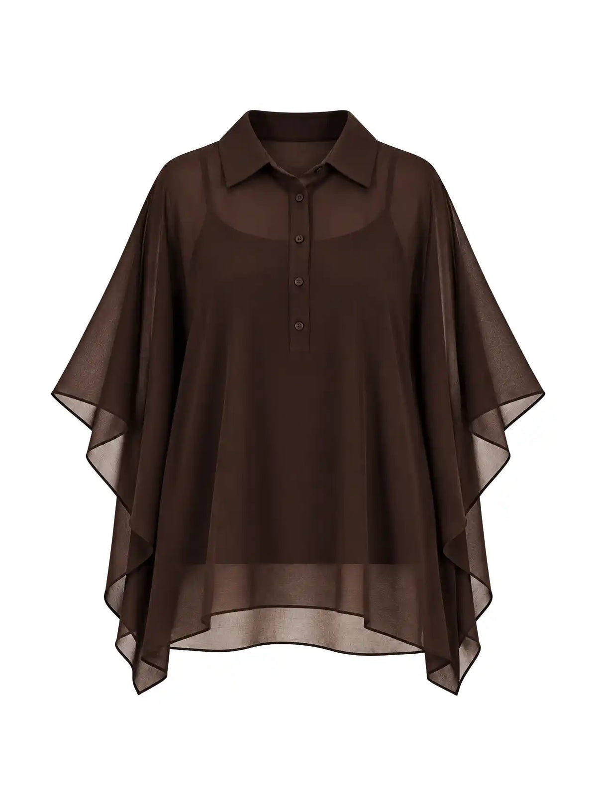 Brown Sheer Chiffon Batwing Shirt With Detachable Cami