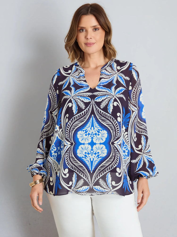 Plus size blue placement print blouse