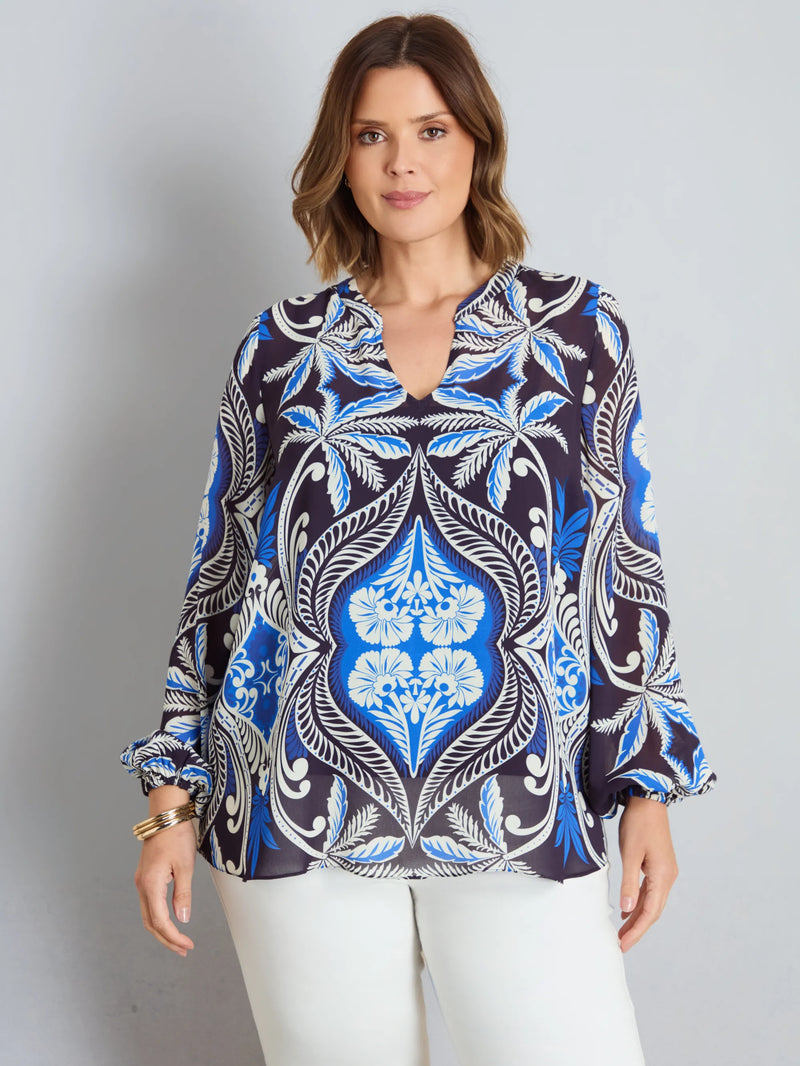 Plus size blue placement print blouse