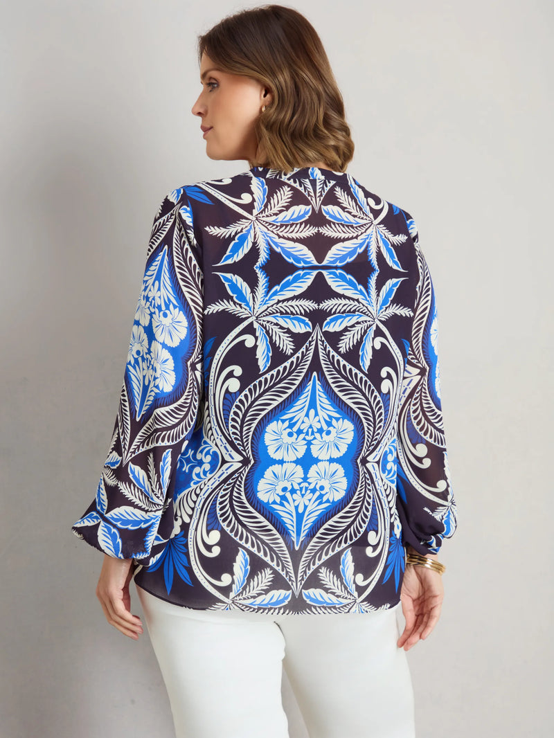 Plus size blue placement print blouse