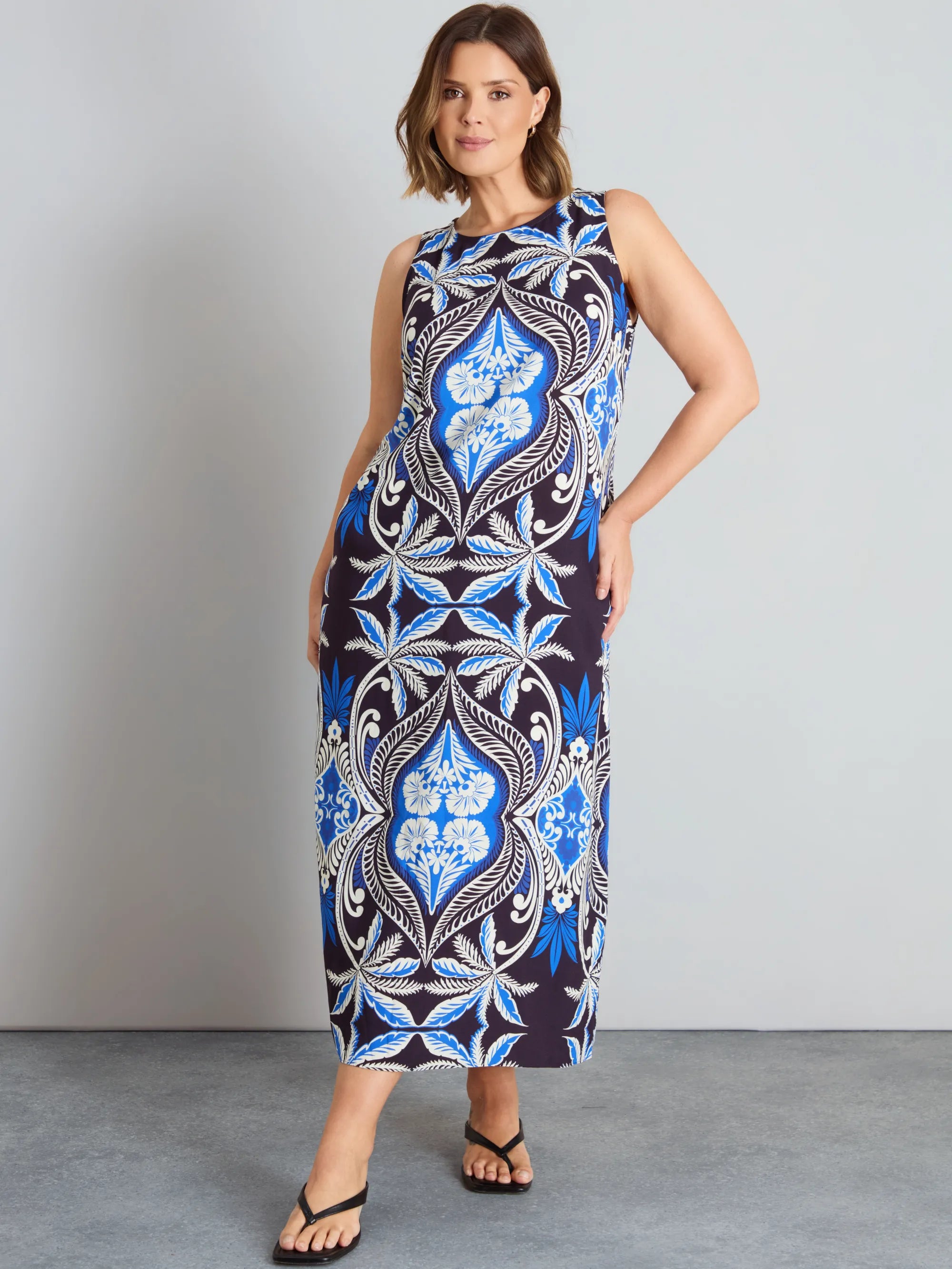 Blue Placement Print Sleeveless Maxi Dress