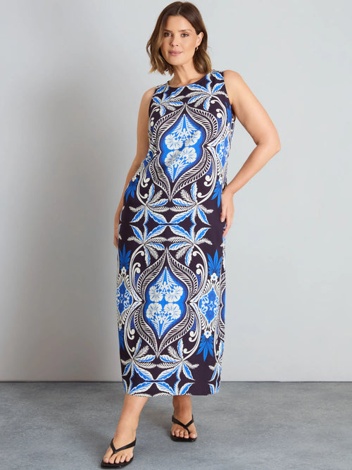 Blue Placement Print Sleeveless Maxi Dress