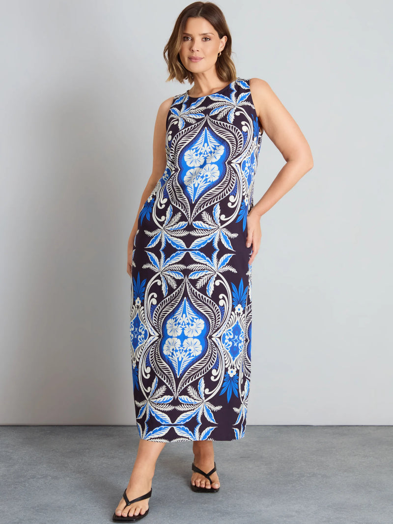 Blue Placement Print Sleeveless Maxi Dress