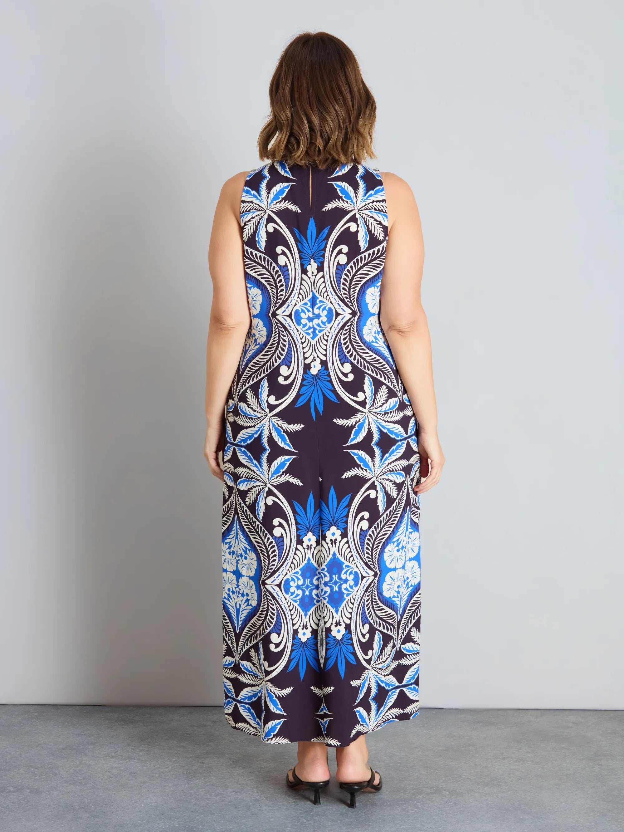Blue Placement Print Sleeveless Maxi Dress