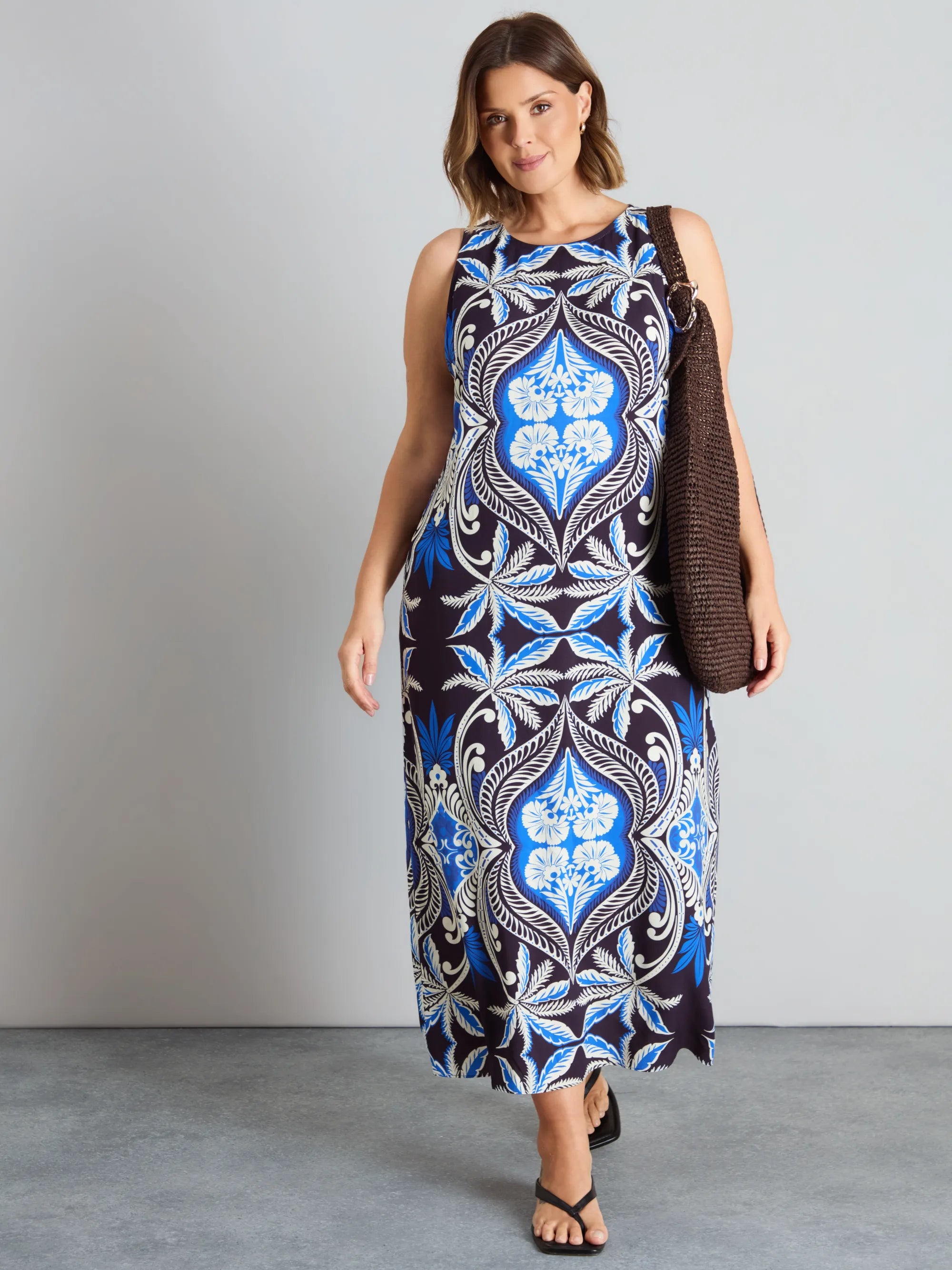 Blue Placement Print Sleeveless Maxi Dress