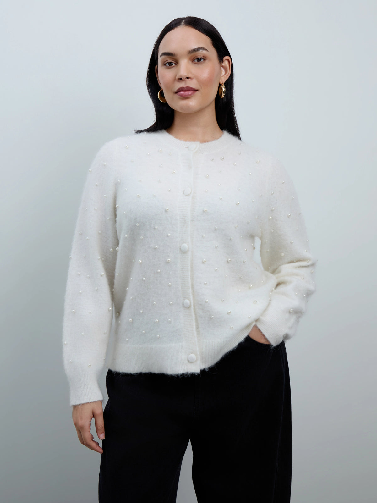White Pearl Button Through Cardigan With Mohair