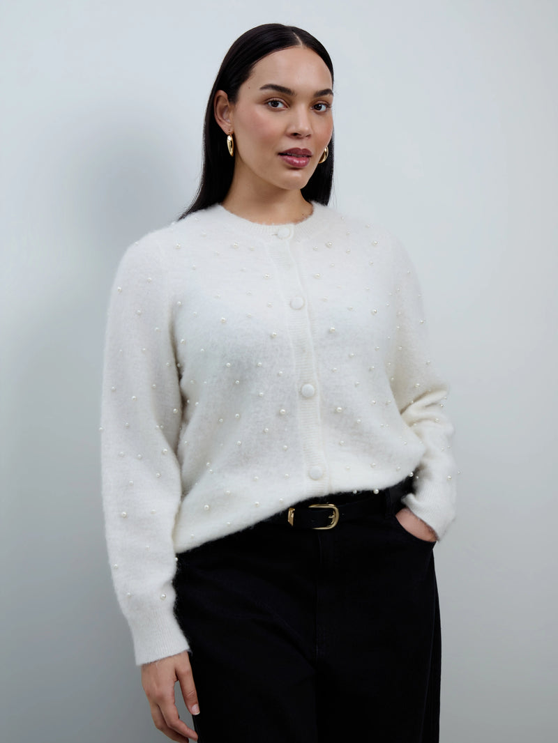 White Pearl Button Through Cardigan With Mohair