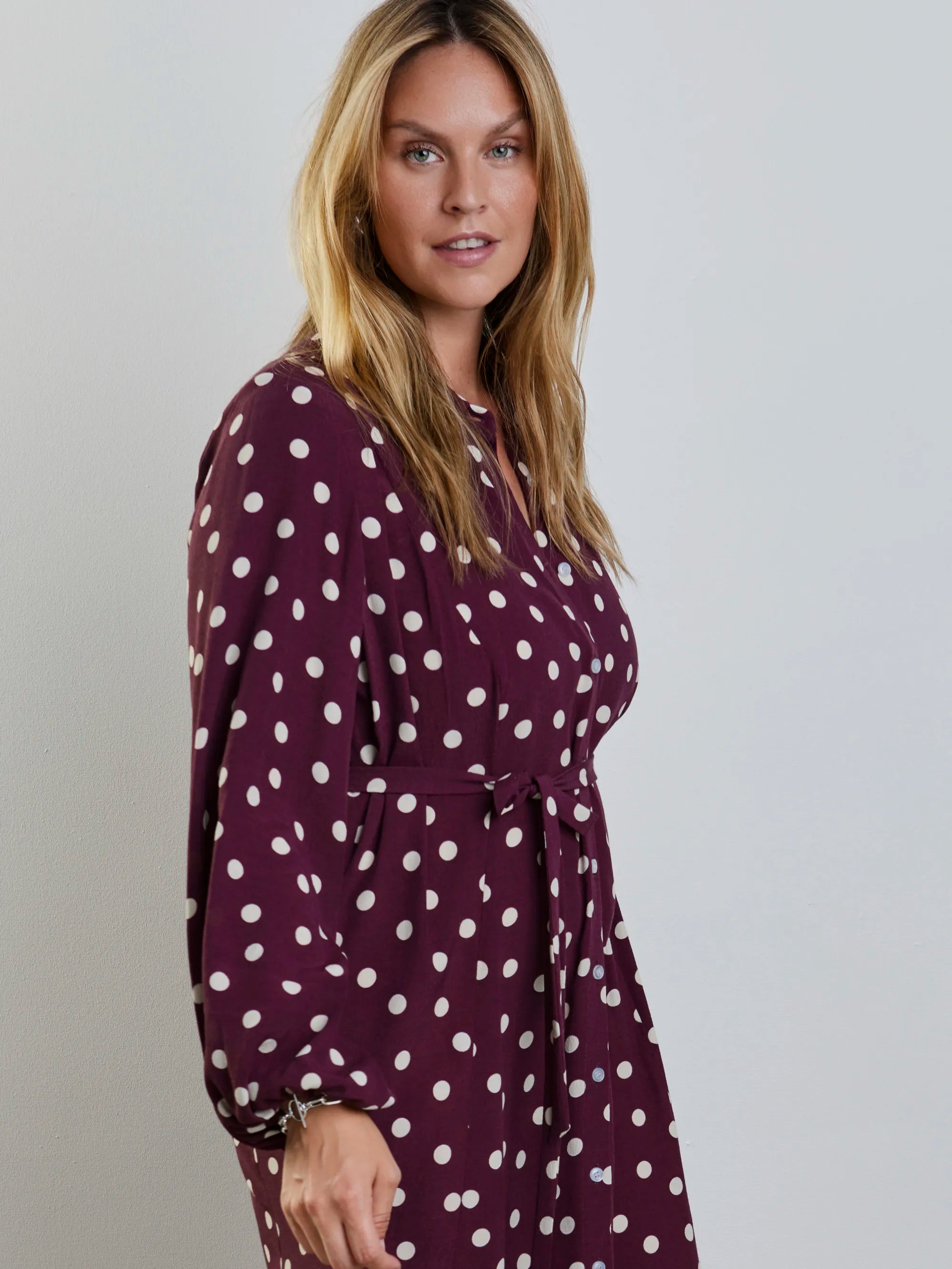 Plus size burgundy polka dot dress