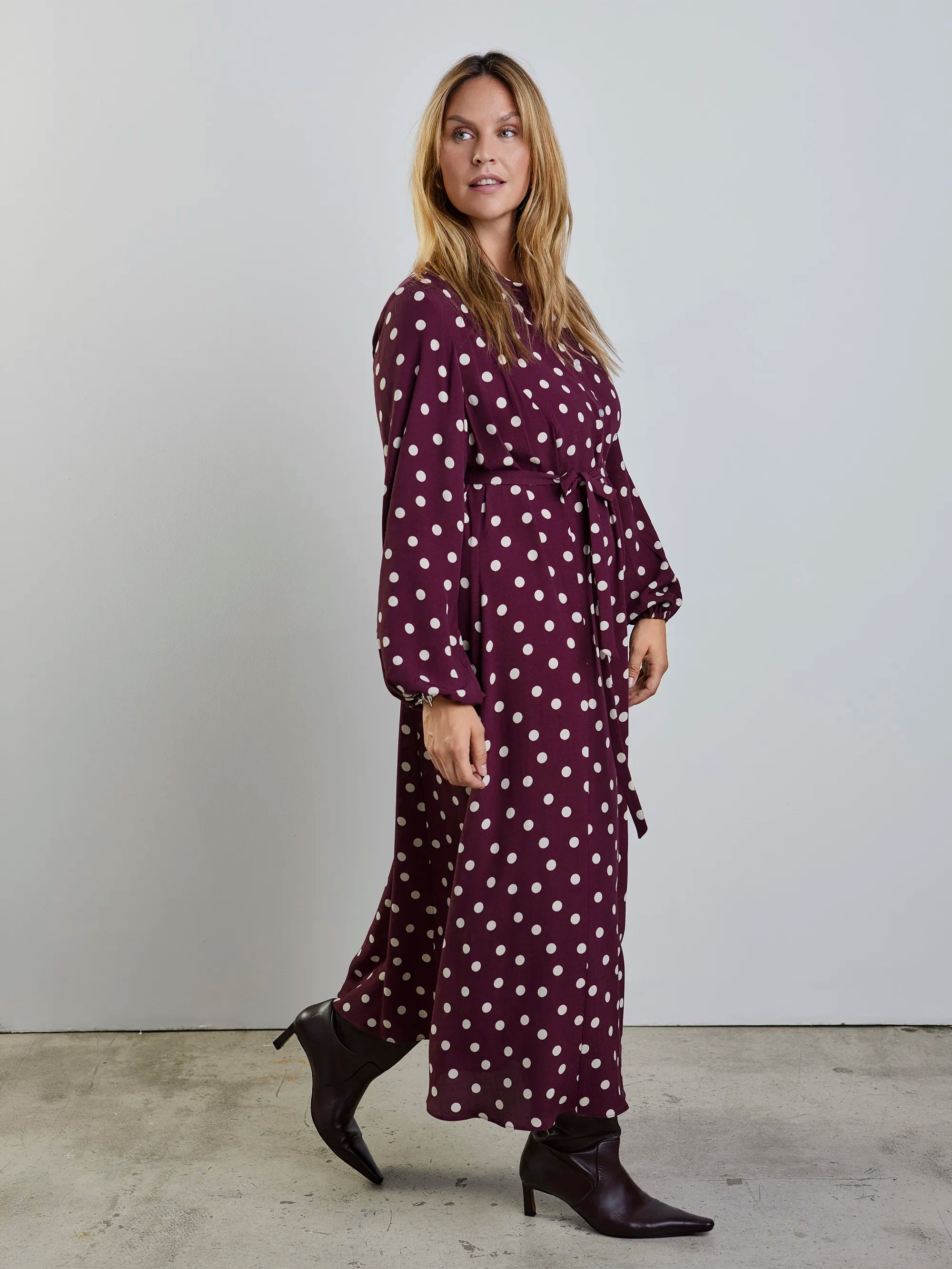 Plus size burgundy polka dot dress