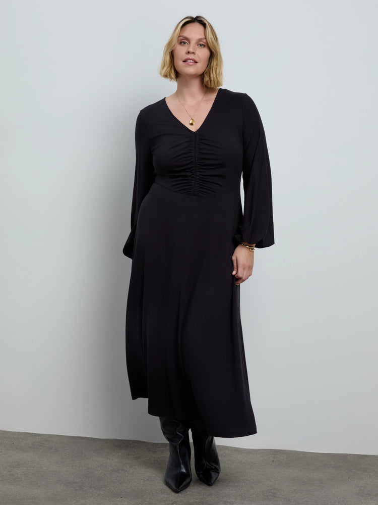 Black Jersey V Neck Ruched Dress