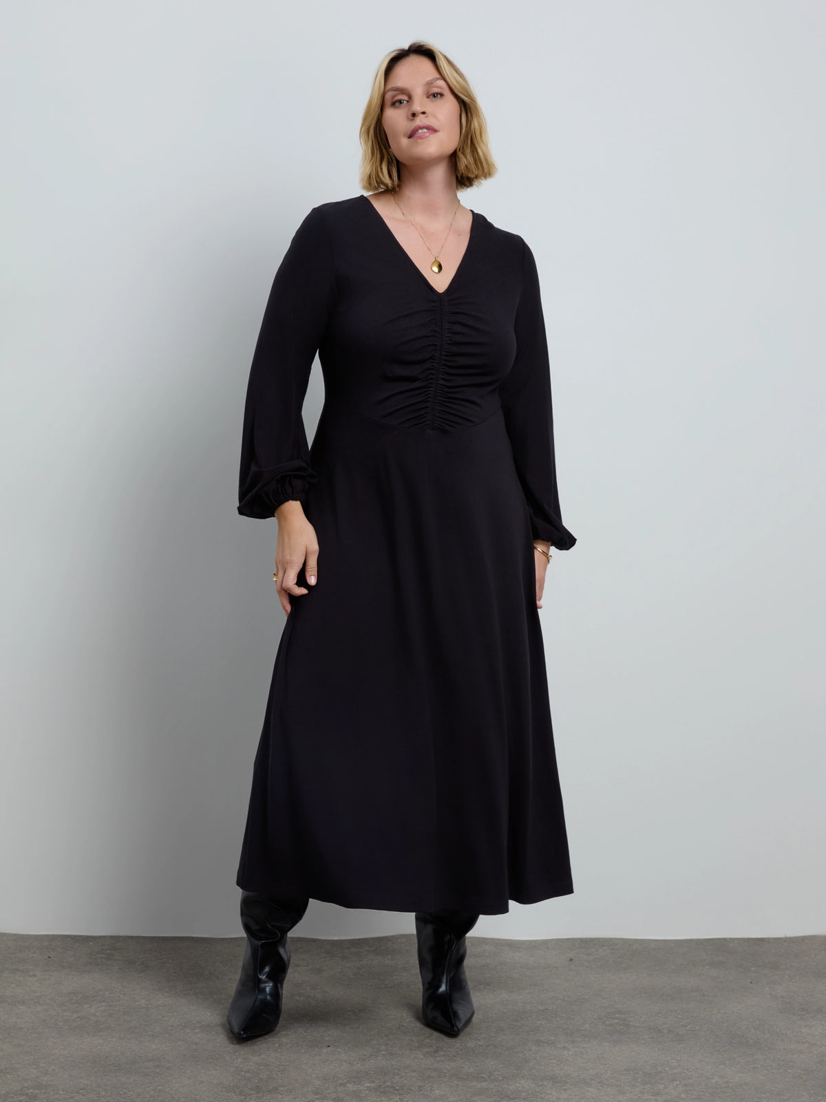 Black Jersey V Neck Ruched Dress