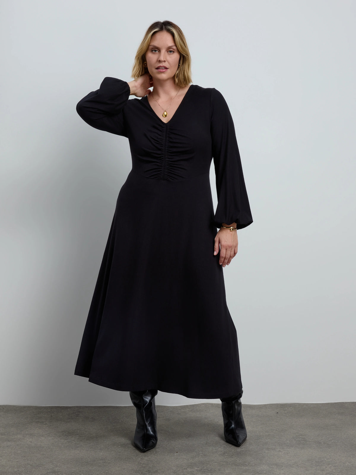Black Jersey V Neck Ruched Dress