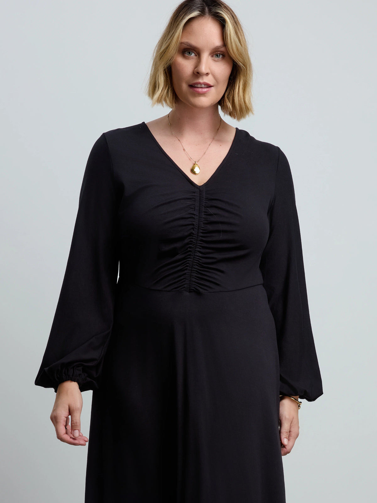 Black Jersey V Neck Ruched Dress