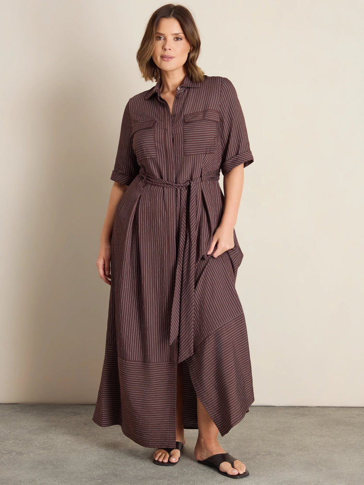 Plus size brown striped maxi shirt dress with waist tie, collared neckline and button-through front