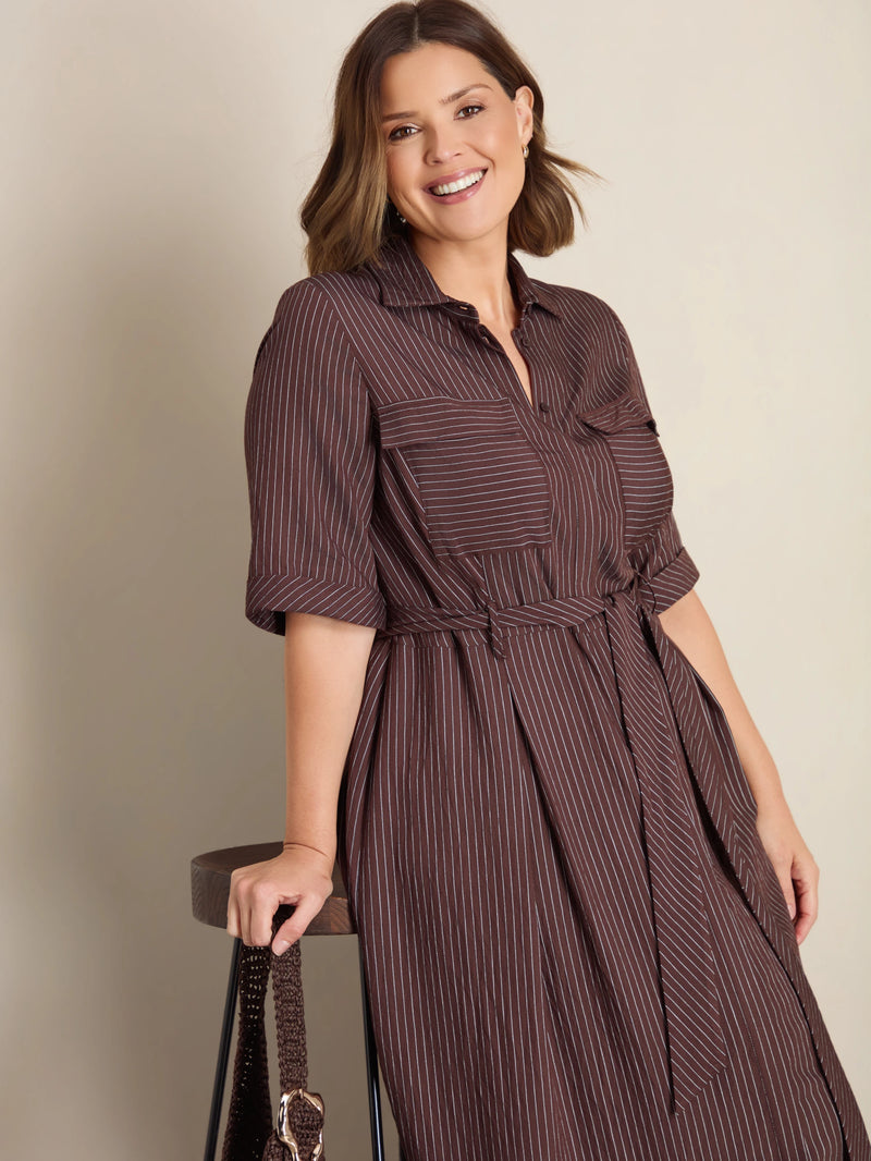 Plus size brown striped maxi shirt dress with waist tie, collared neckline and button-through front