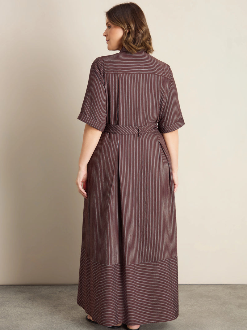 Petite plus size brown striped maxi shirt dress with waist tie, collared neckline and button-through front