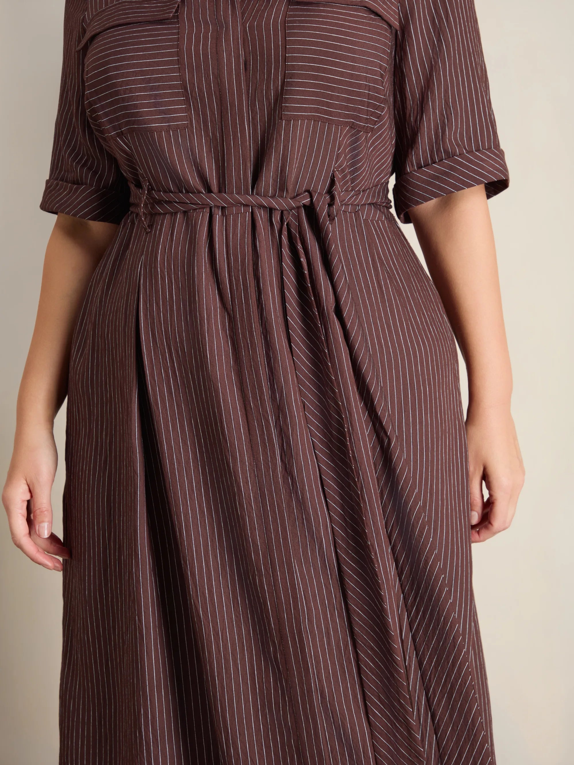 Petite plus size brown striped maxi shirt dress with waist tie, collared neckline and button-through front