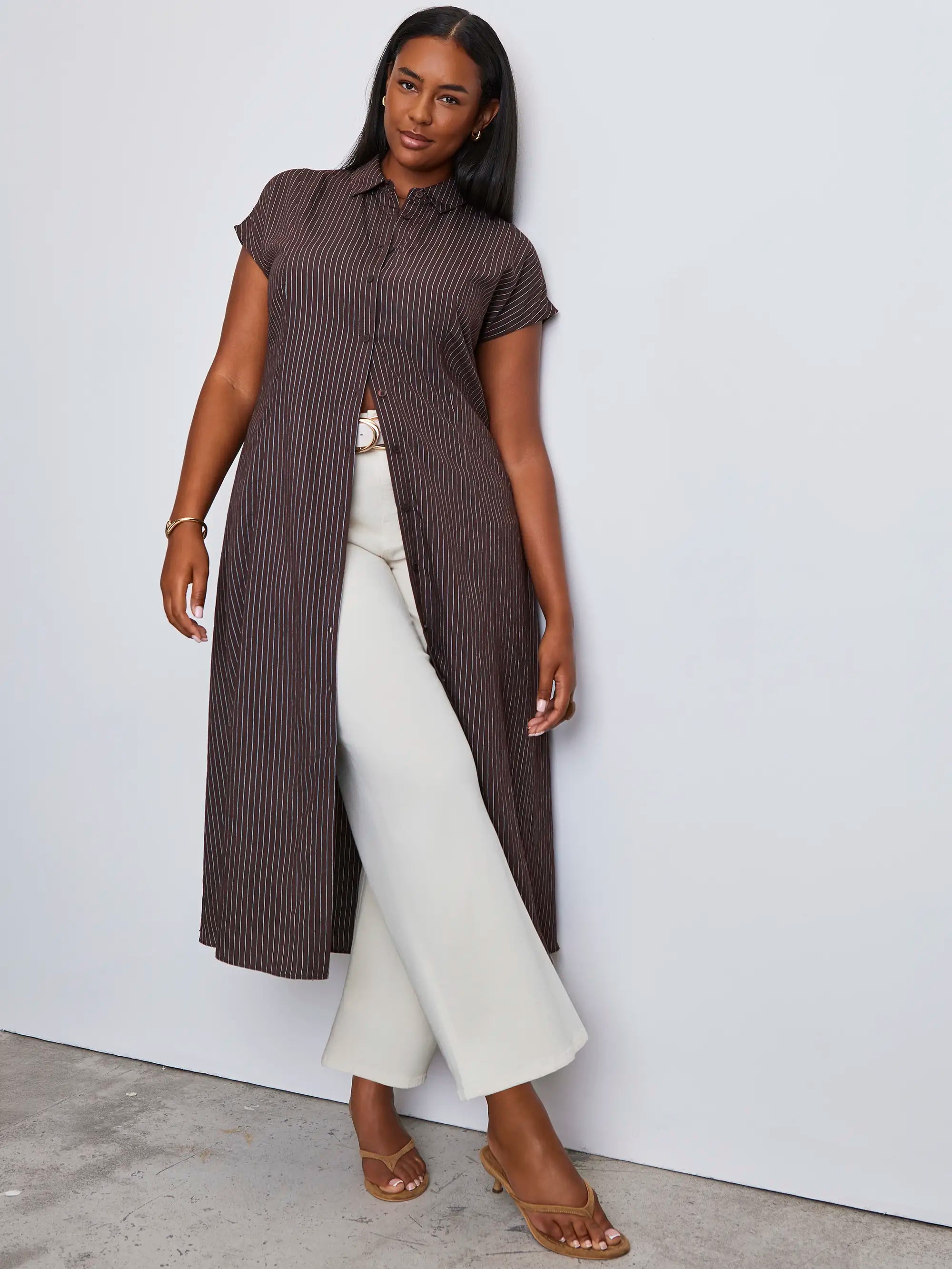 Petite Brown Stripe Midaxi Shirt Dress