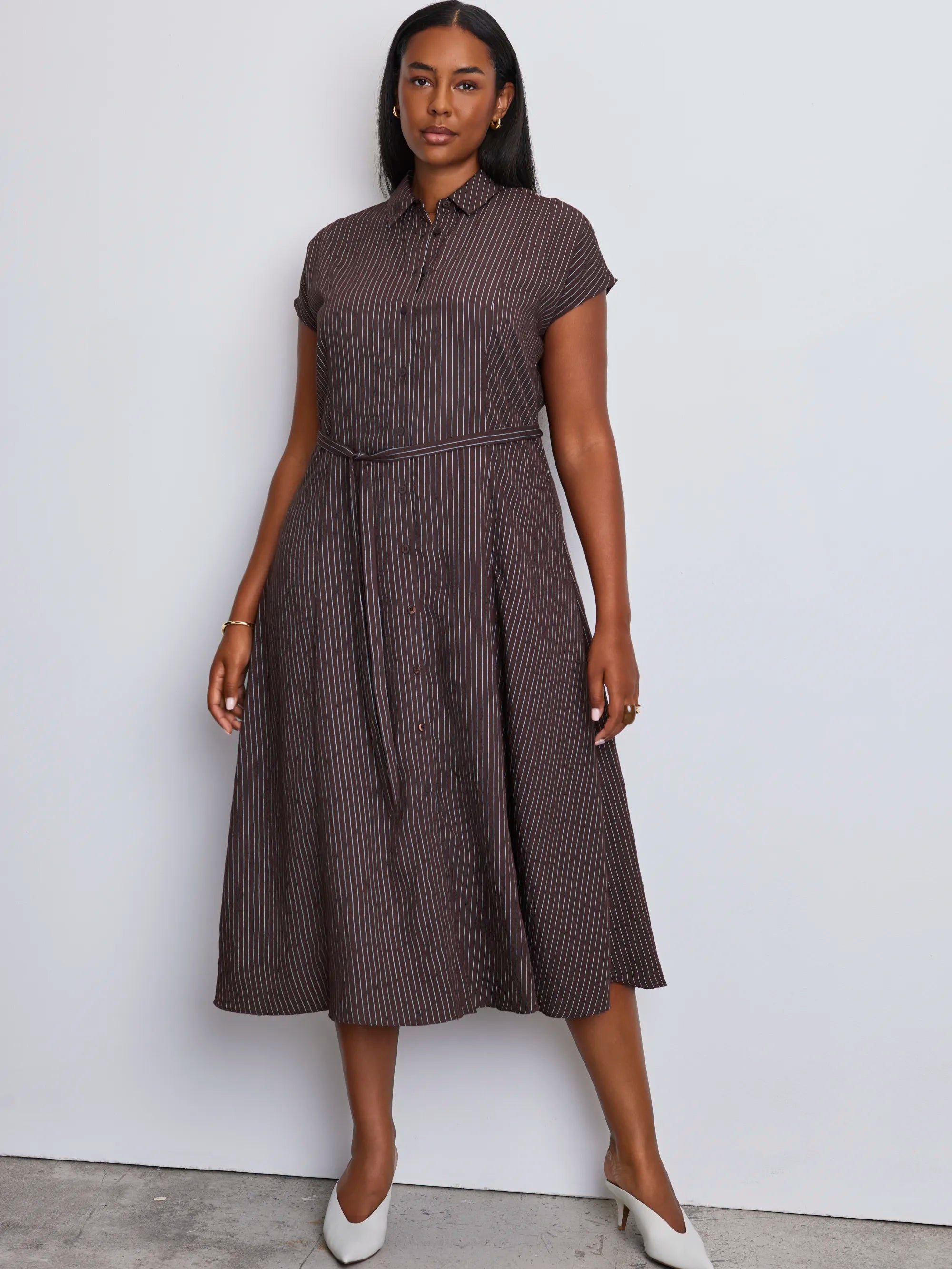 Petite Brown Stripe Midaxi Shirt Dress