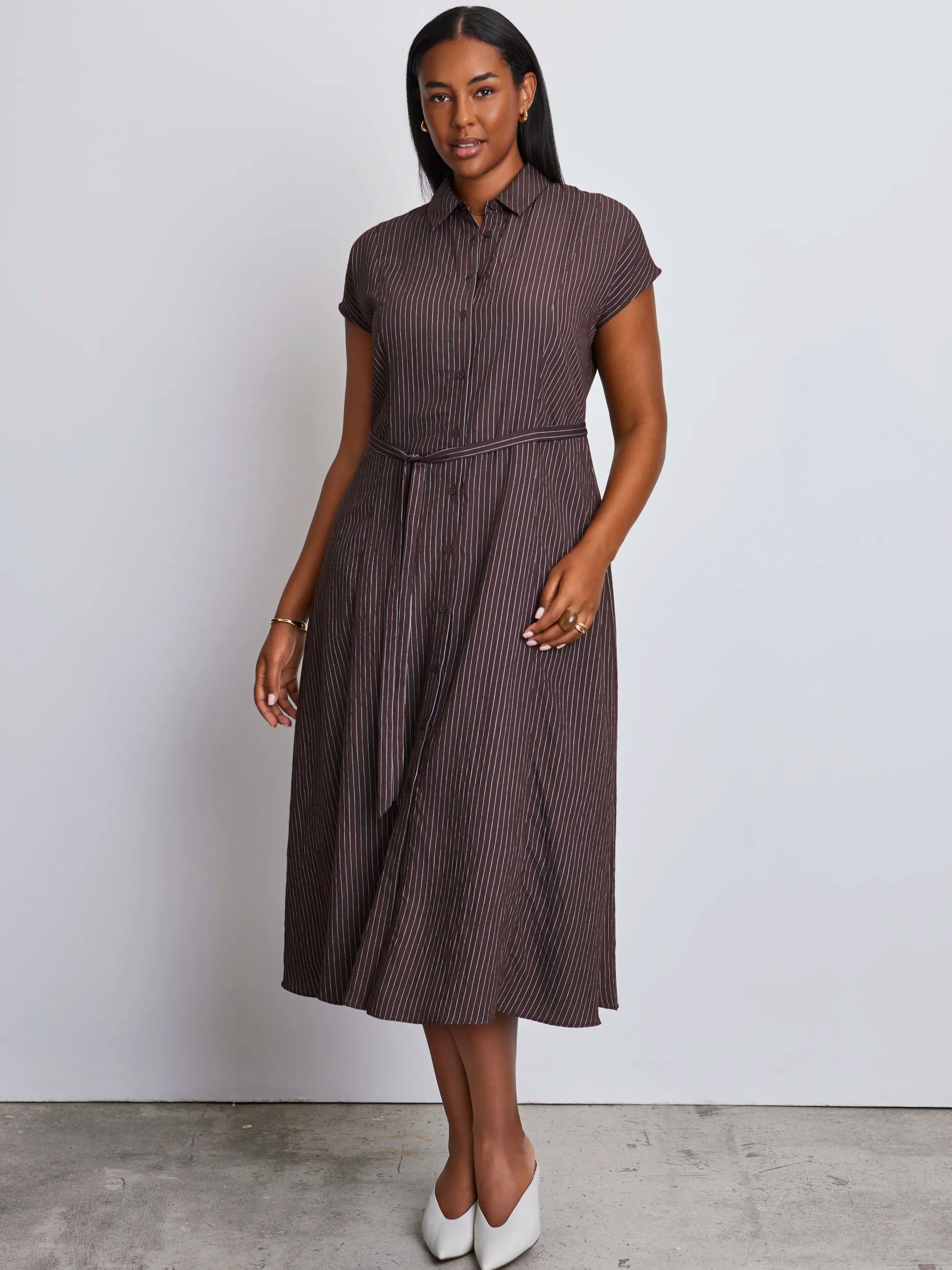 Petite Brown Stripe Midaxi Shirt Dress