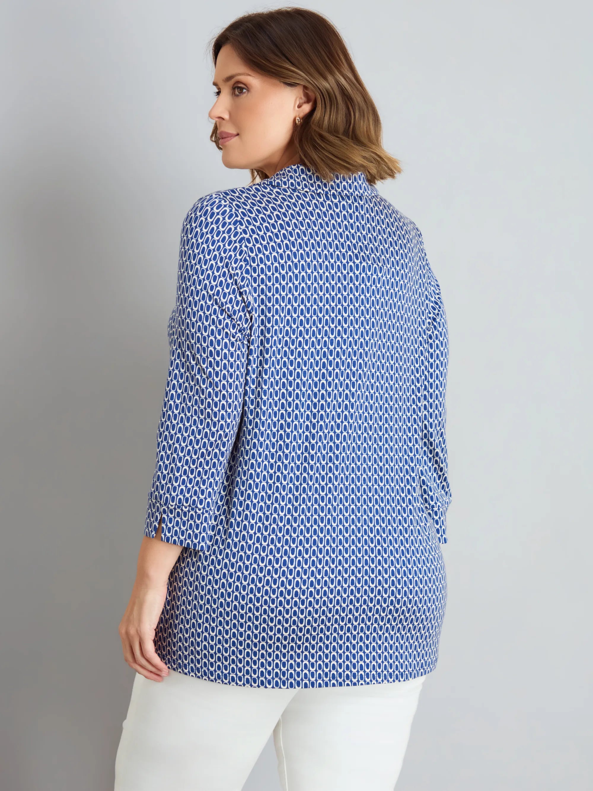 Blue Geo Print 3/4 Sleeve Collared V-Neck Jersey Top