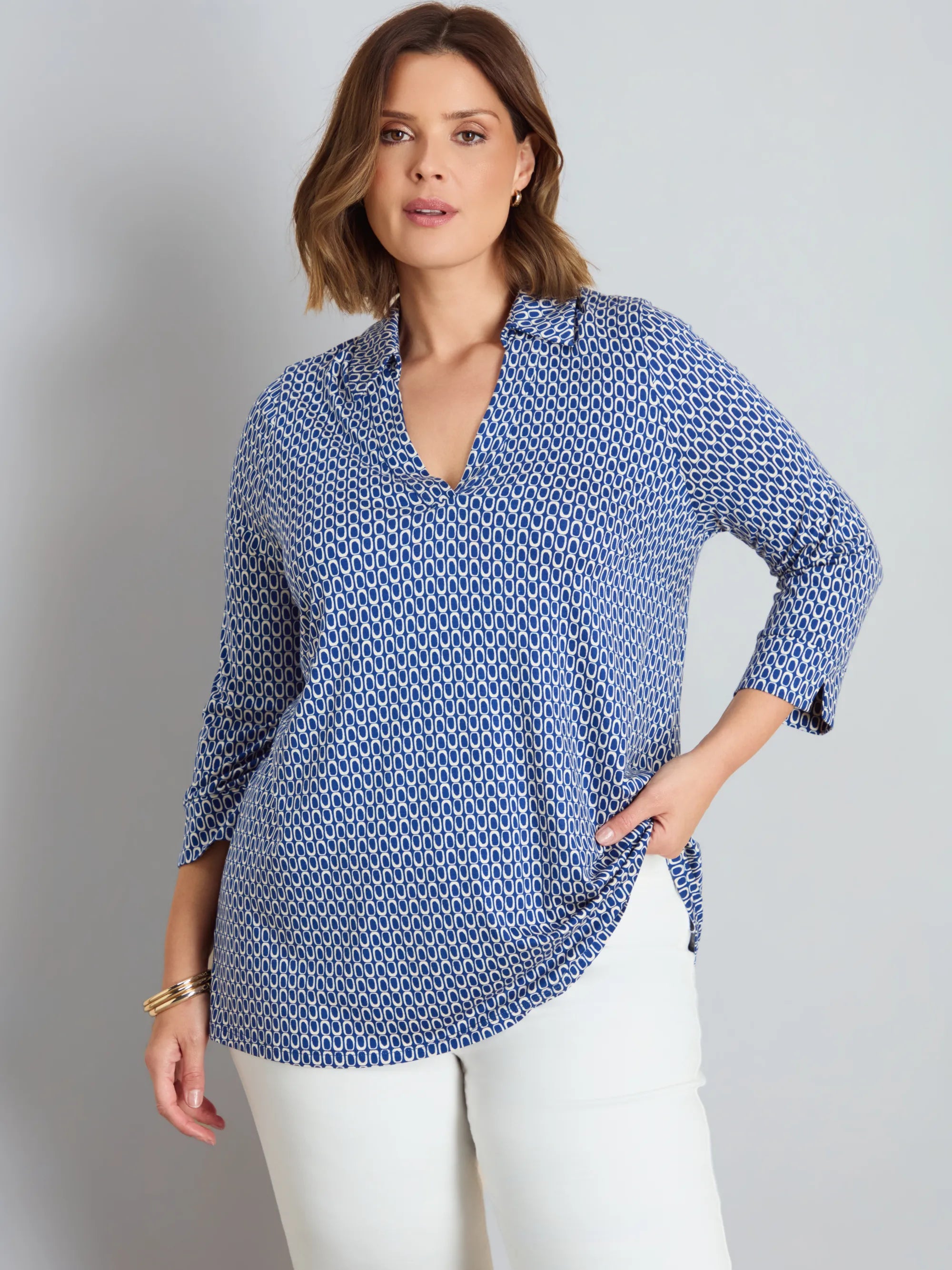 Blue Geo Print 3/4 Sleeve Collared V-Neck Jersey Top