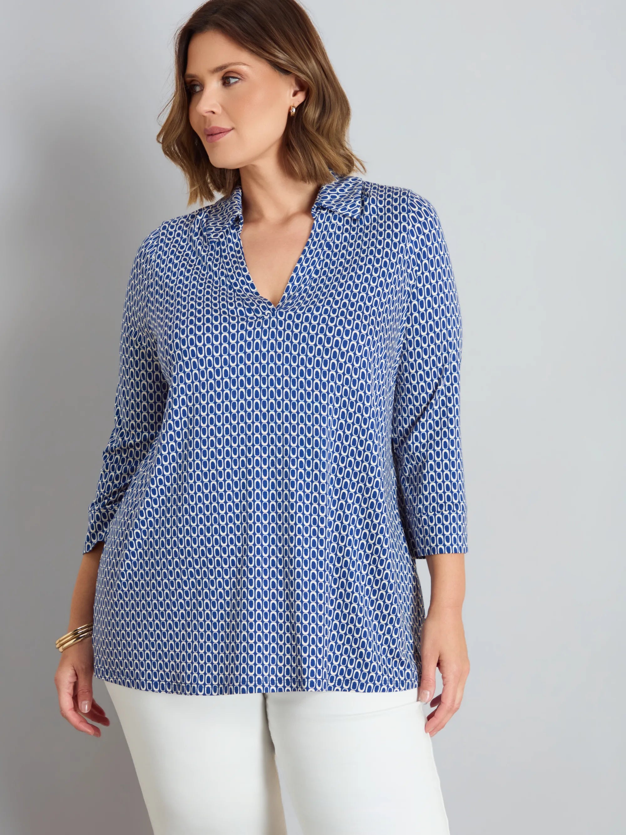 Blue Geo Print 3/4 Sleeve Collared V-Neck Jersey Top