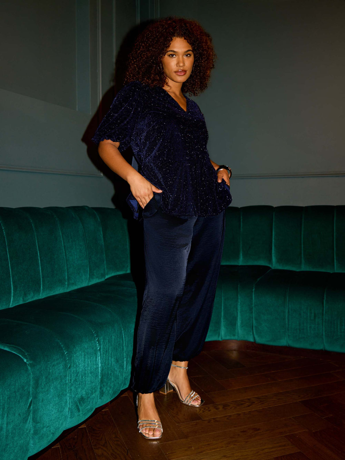 Navy Velvet Embellished Puff Sleeve Top with Bow Detail