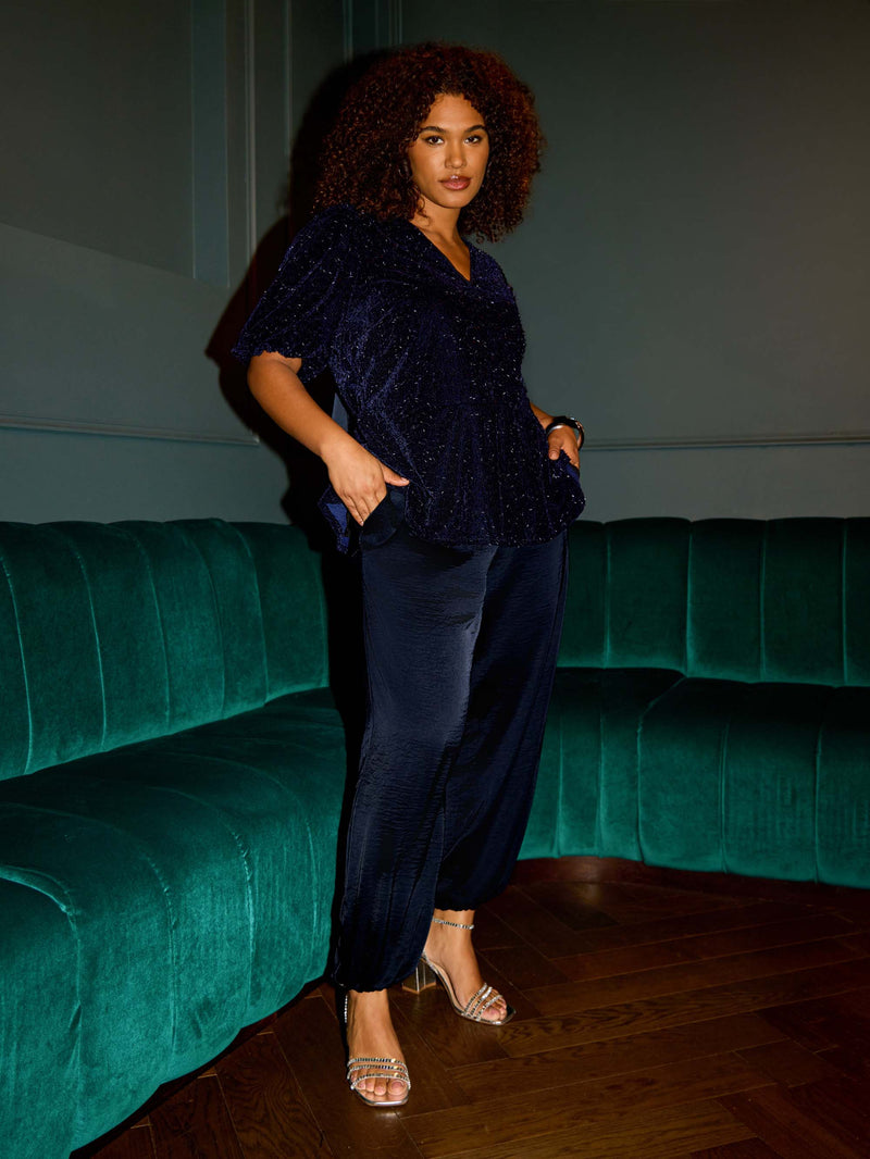 Navy Velvet Embellished Puff Sleeve Top with Bow Detail