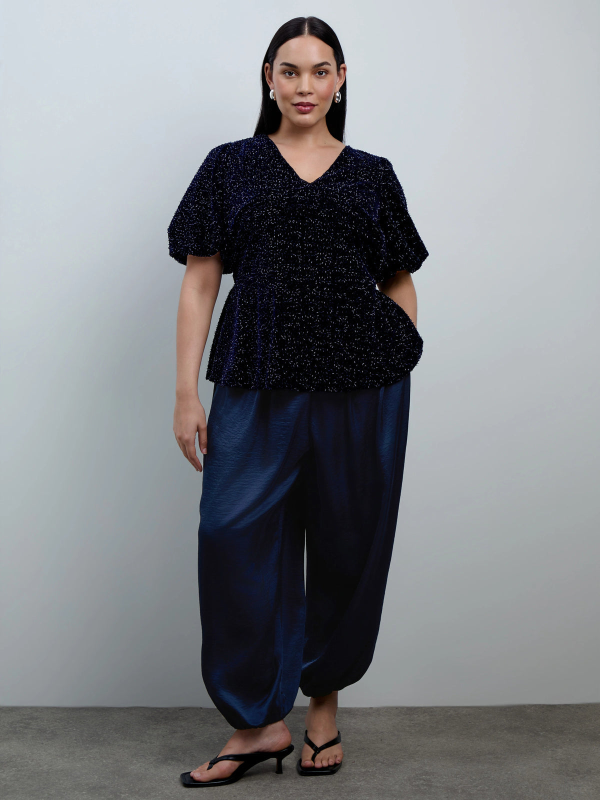 Navy Velvet Embellished Puff Sleeve Top with Bow Detail
