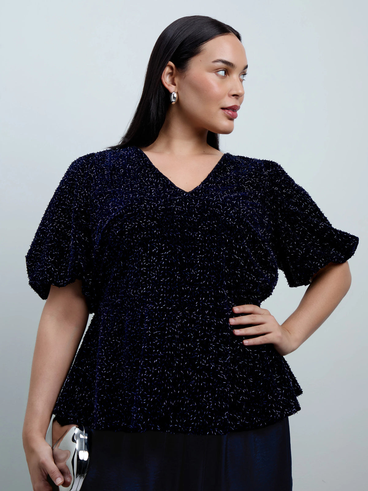 Navy Velvet Embellished Puff Sleeve Top with Bow Detail