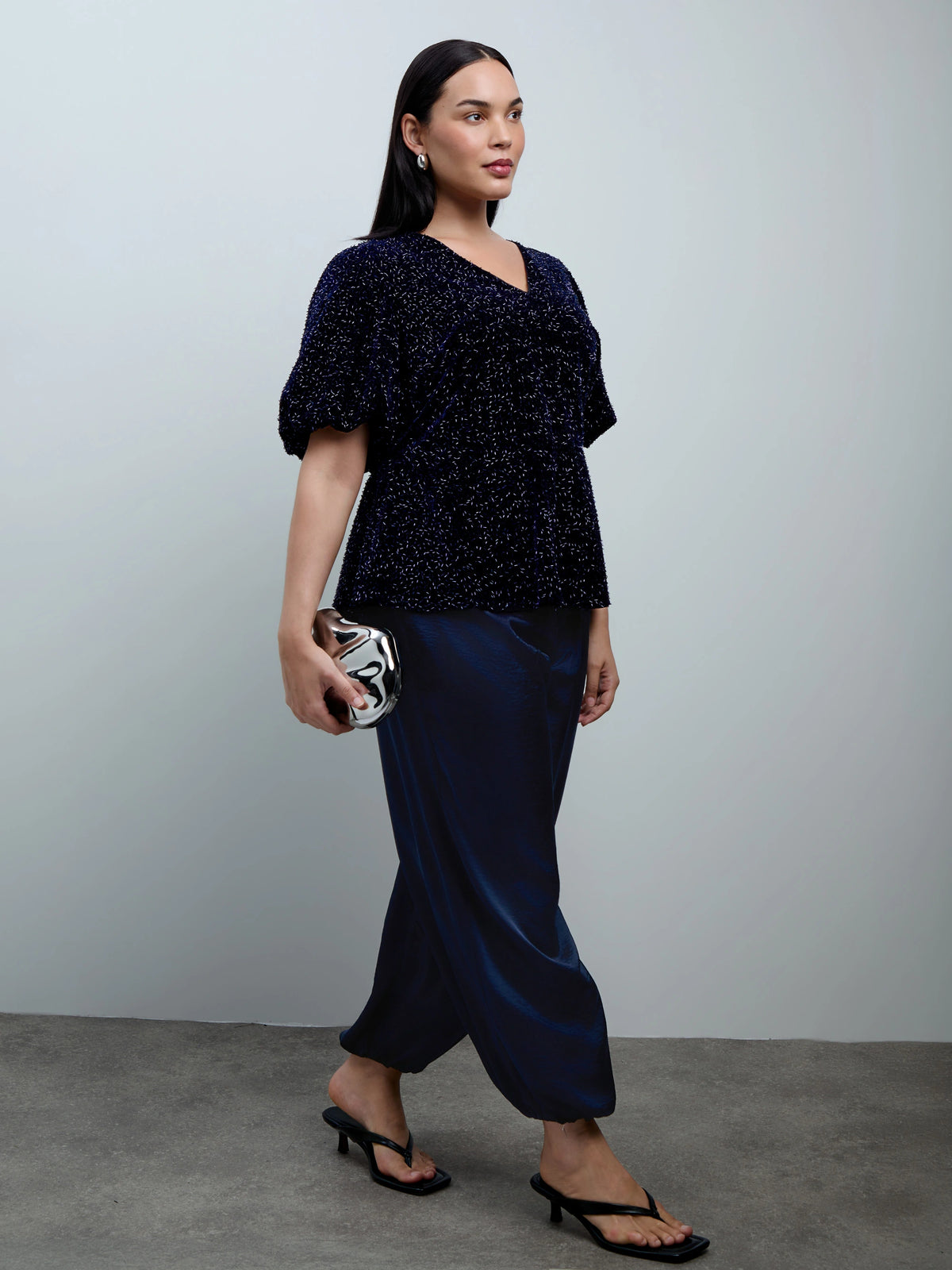 Navy Velvet Embellished Puff Sleeve Top with Bow Detail