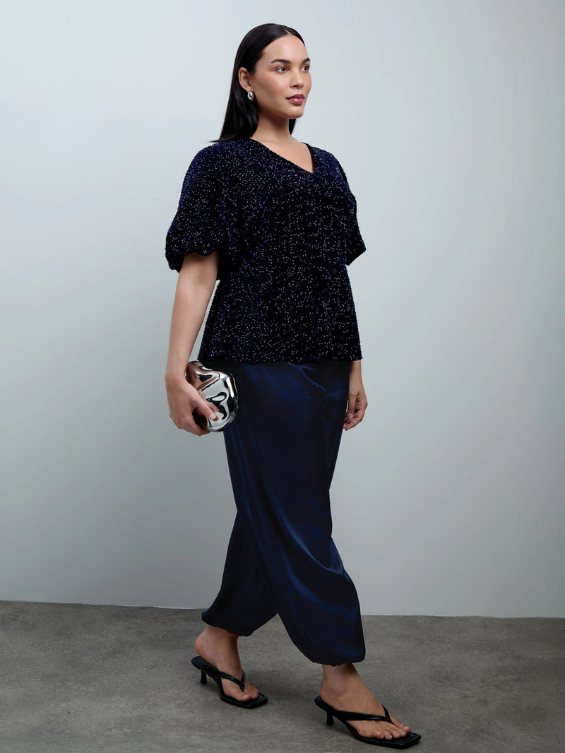 Navy Velvet Embellished Puff Sleeve Top with Bow Detail