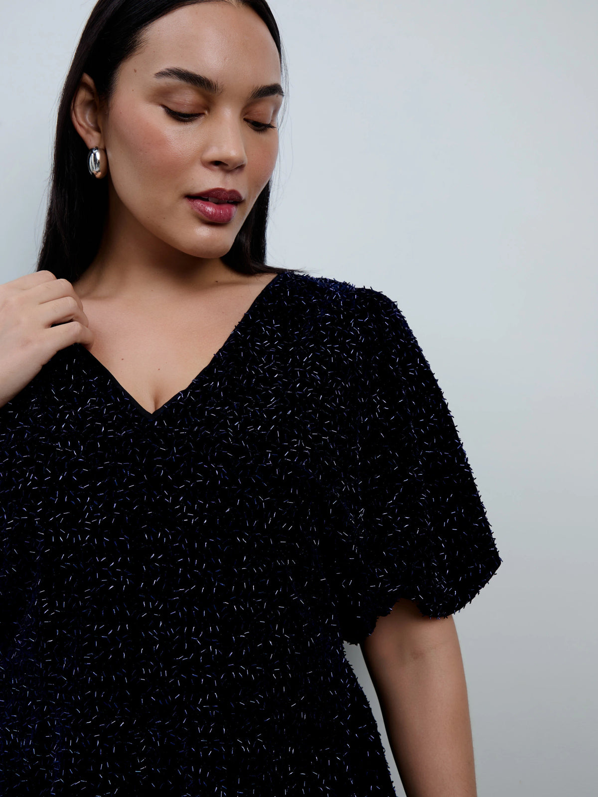 Navy Velvet Embellished Puff Sleeve Top with Bow Detail
