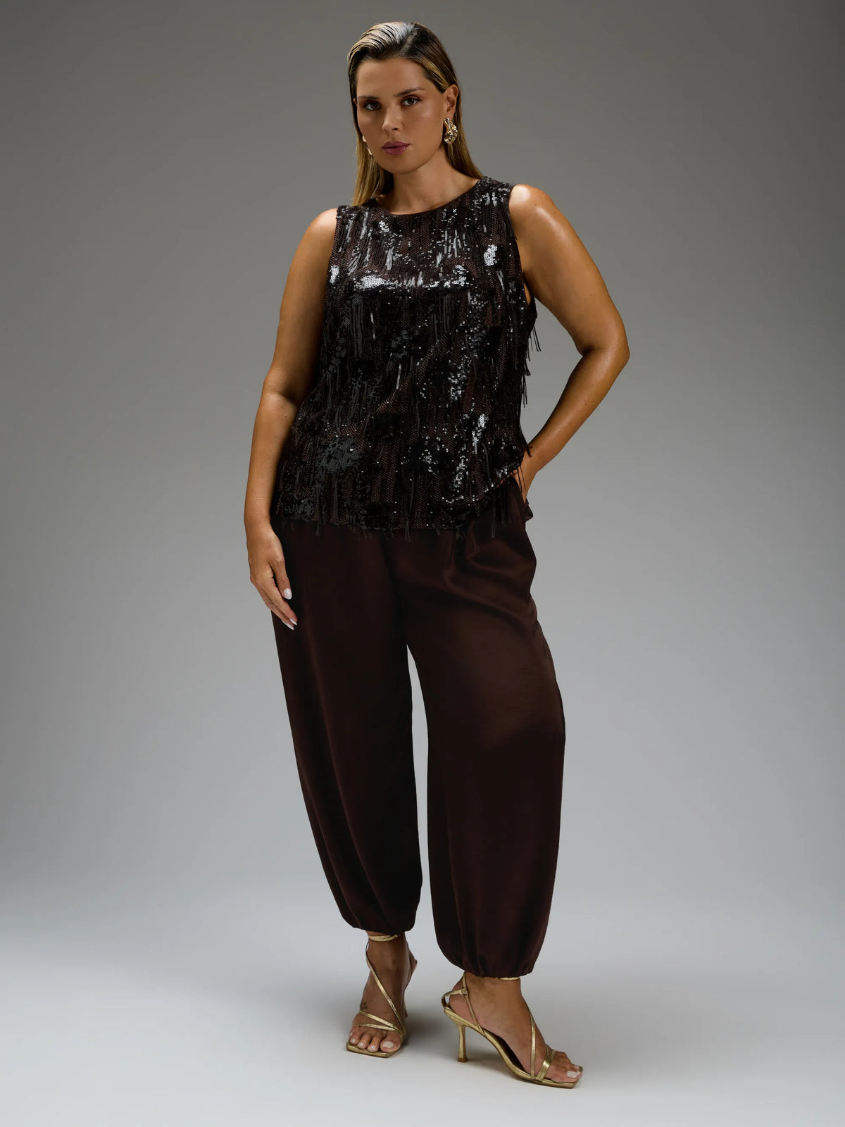 Brown Sequins Fringe Sleeveless Top