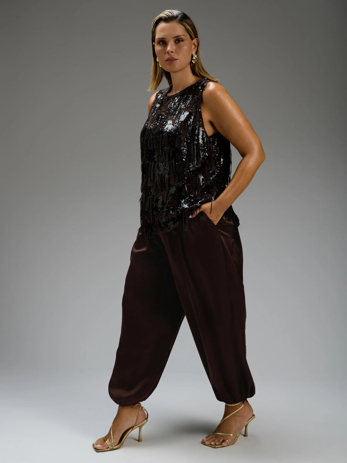 Brown Sequins Fringe Sleeveless Top