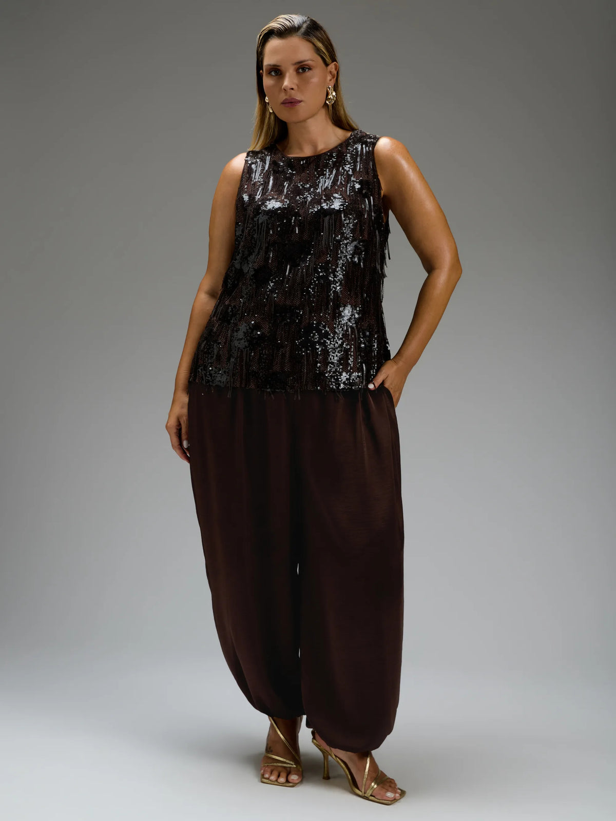 Brown Sequins Fringe Sleeveless Top