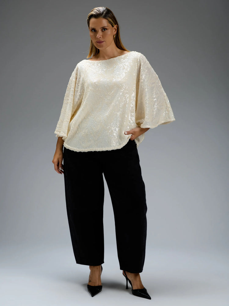 Cream Sequin Boat-Neck Cape Top