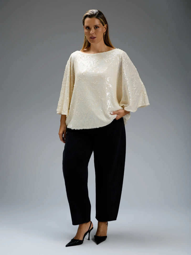 Cream Sequin Boat-Neck Cape Top