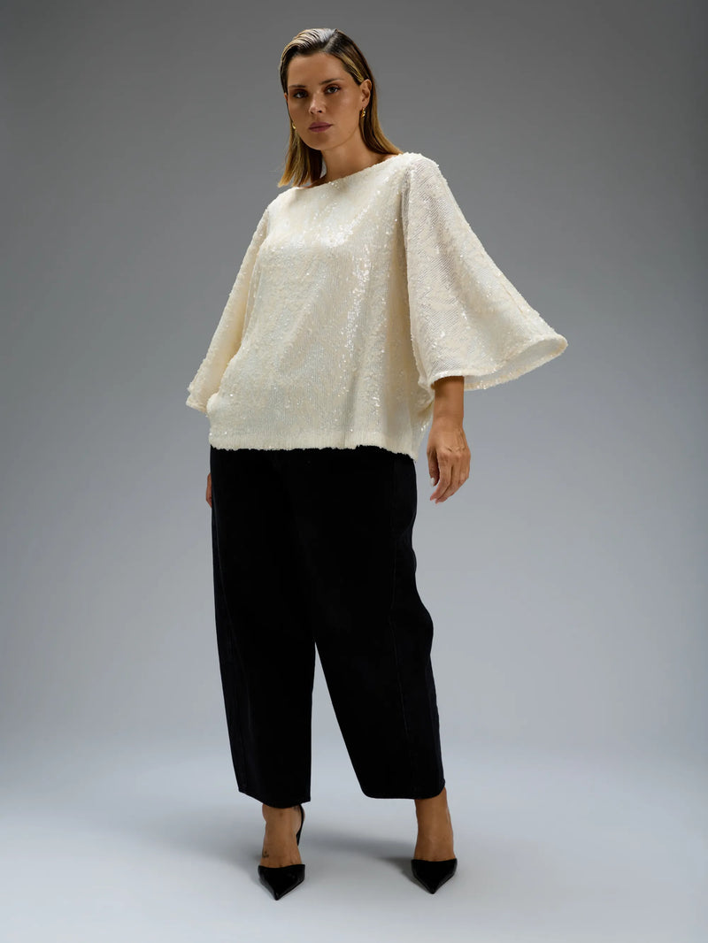 Cream Sequin Boat-Neck Cape Top