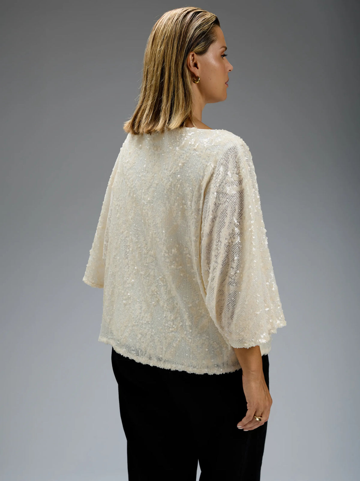 Cream Sequin Boat-Neck Cape Top