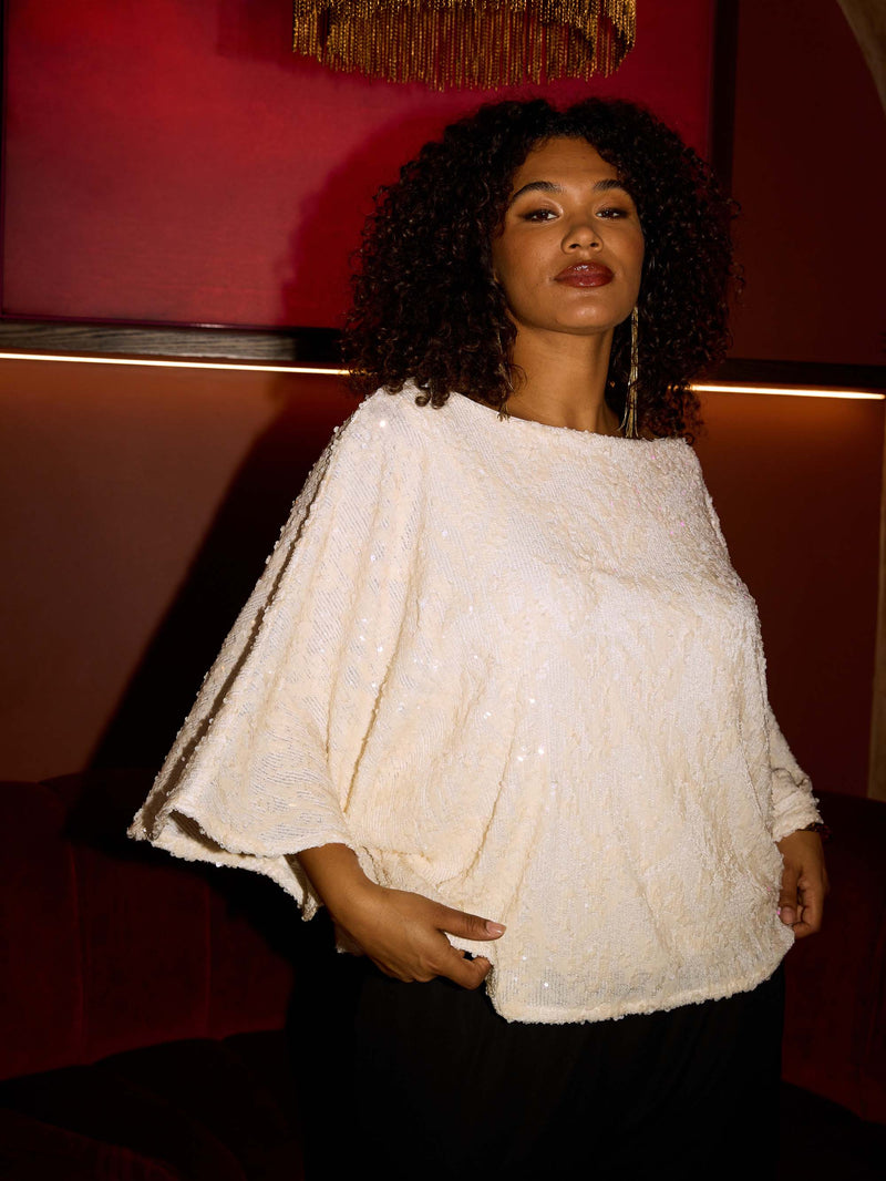Cream Sequin Boat-Neck Cape Top
