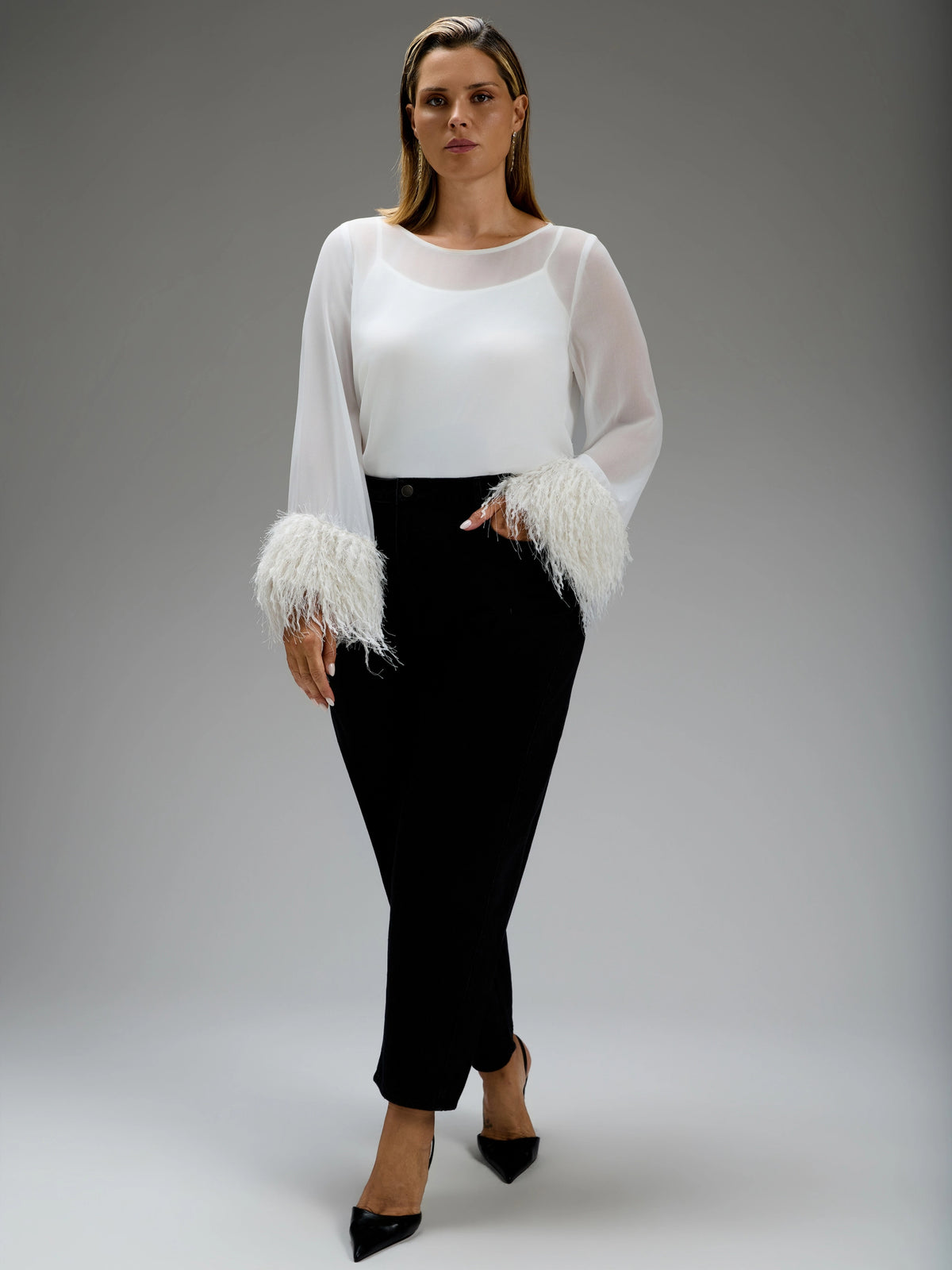 Ecru Hanky-Hem Lurex Fringe Cuffs Overlay