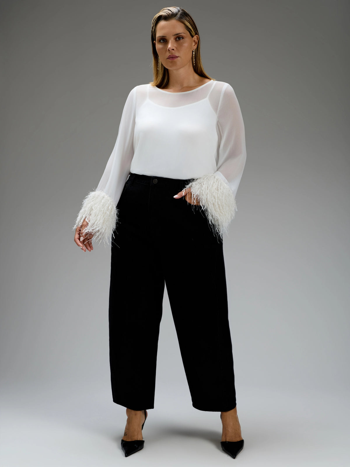 Ecru Hanky-Hem Lurex Fringe Cuffs Overlay