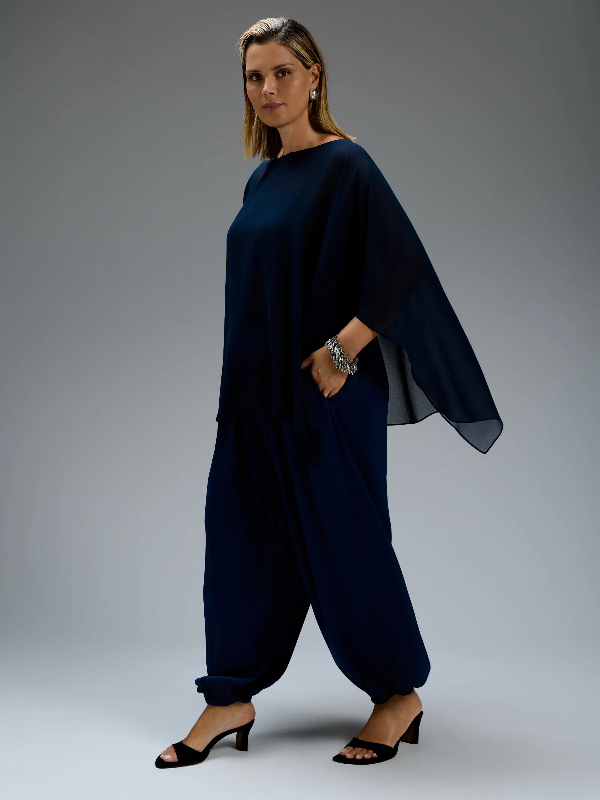 Navy chiffon cape overlay top with cami.