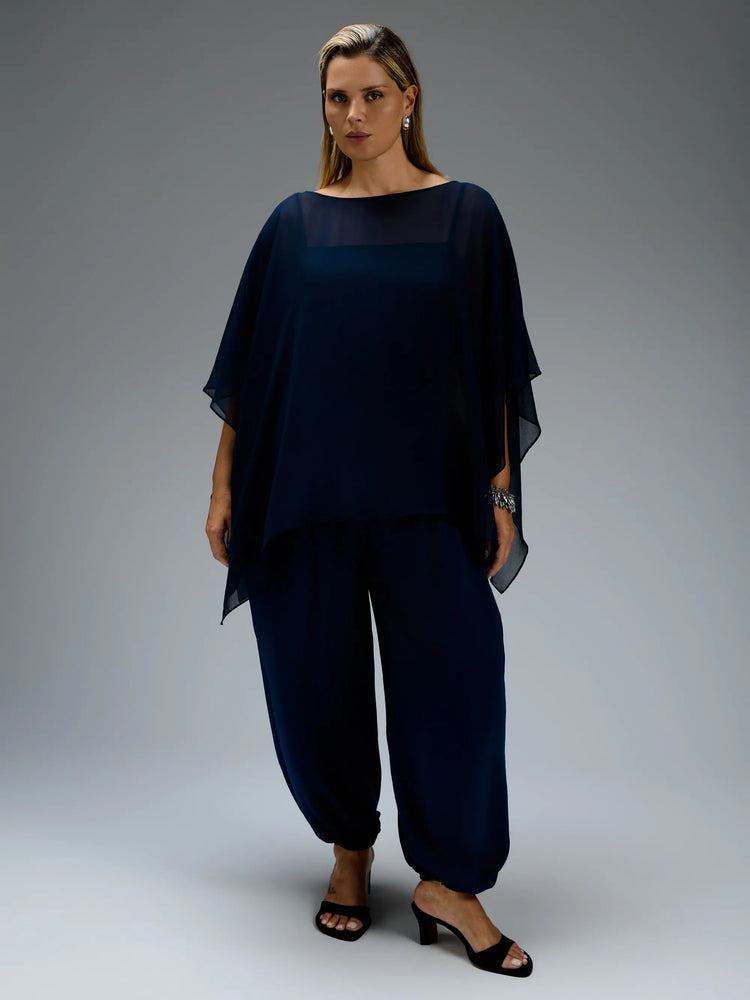 Navy chiffon cape overlay top with cami.