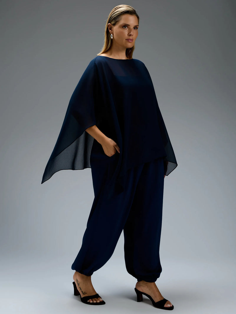 Navy chiffon cape overlay top with cami.