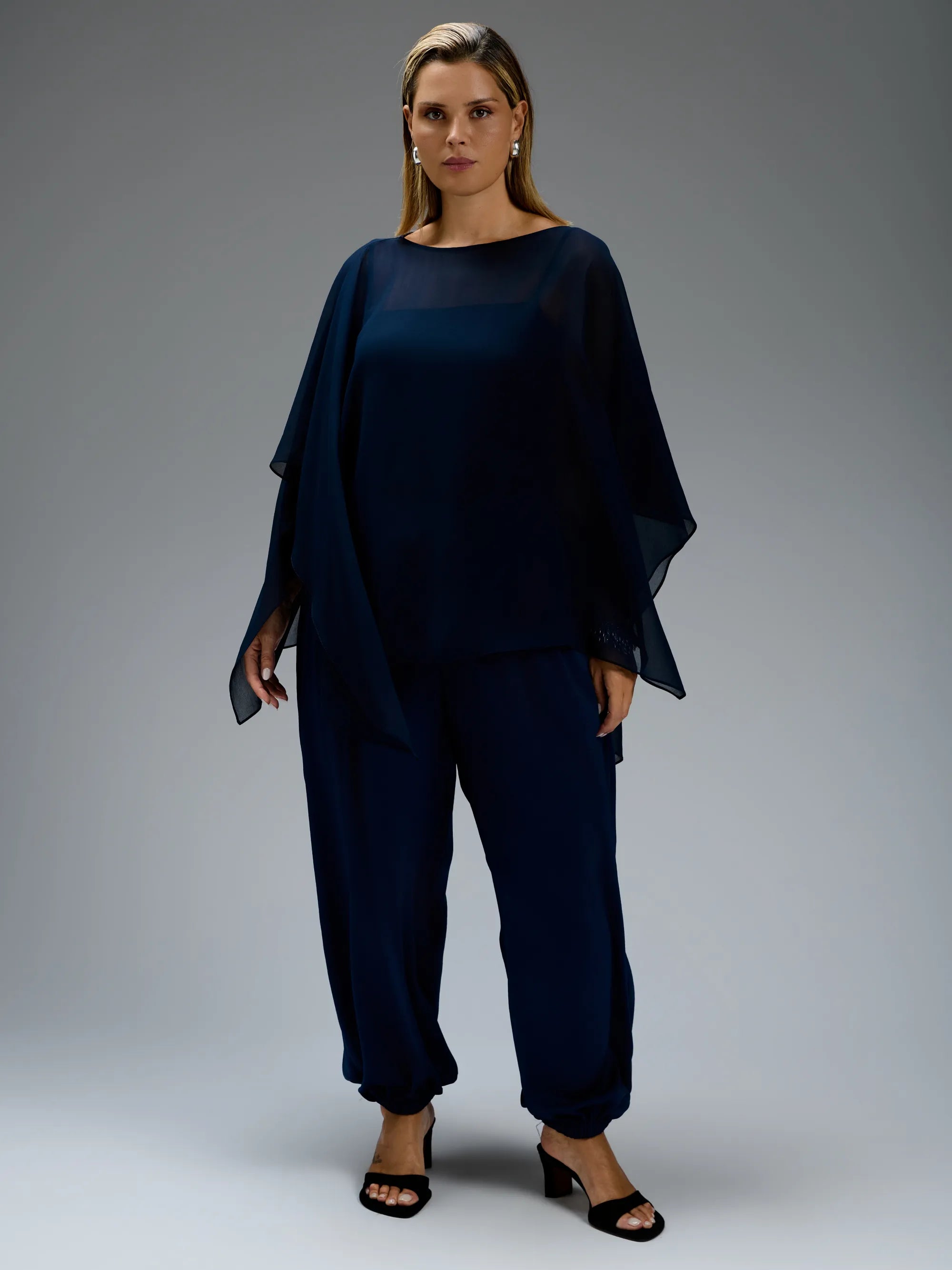 Navy chiffon cape overlay top with cami.