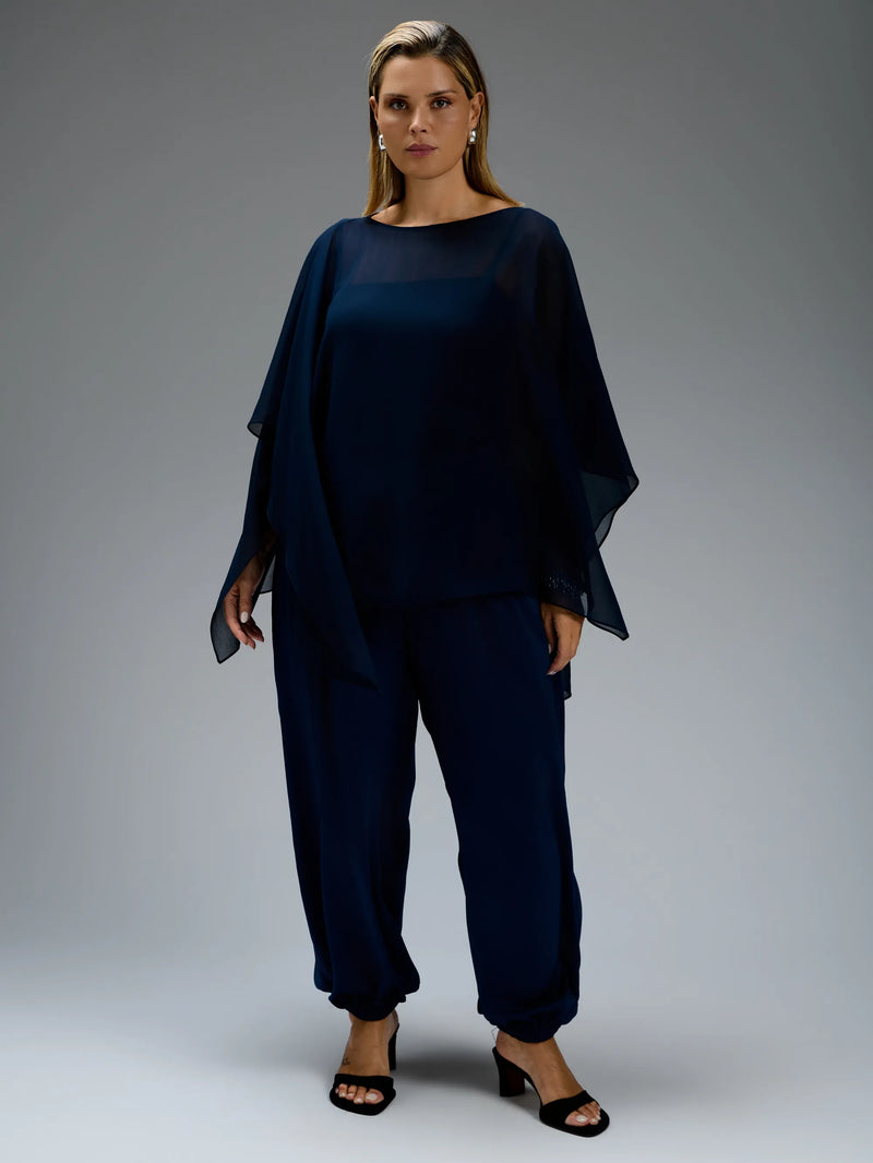Navy chiffon cape overlay top with cami.